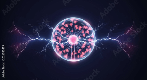 Glowing plasma sphere emitting electric arcs and lightning bolts from a central electrode against a dark background, showing ionized gas filaments in blue and pink color tones.