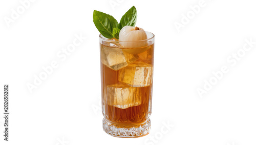 Fotografie Tall glass of iced tea with lychee and basil garnish, isolated on transparent ba
