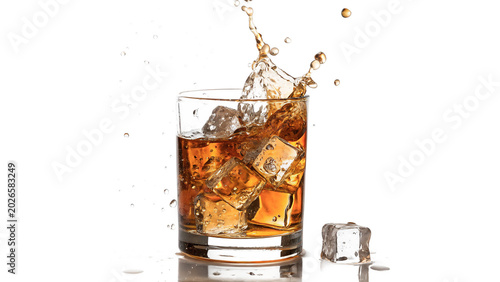 Foto A refreshing glass of dark soda or whiskey cocktail with splashing ice cubes iso