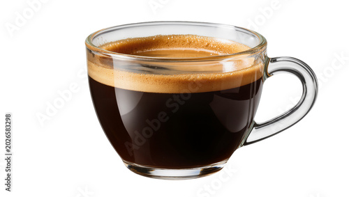 Hot espresso coffee with crema in a clear glass cup, isolated on transparent background
