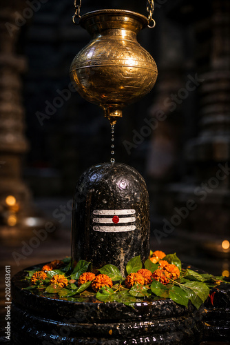 Hindu Gods: Close Up of Sacred Shiva Lingam Worshipped with Water Drop
