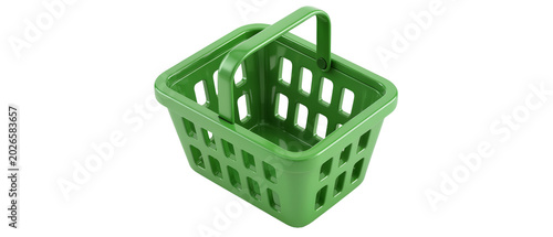 Green plastic shopping basket with handle, isolated on transparent background