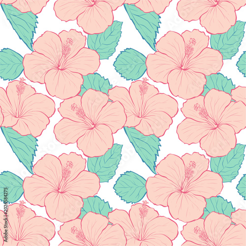Vibrant seamless Hawaiian aloha pattern with orange hibiscus flowers and green leaves