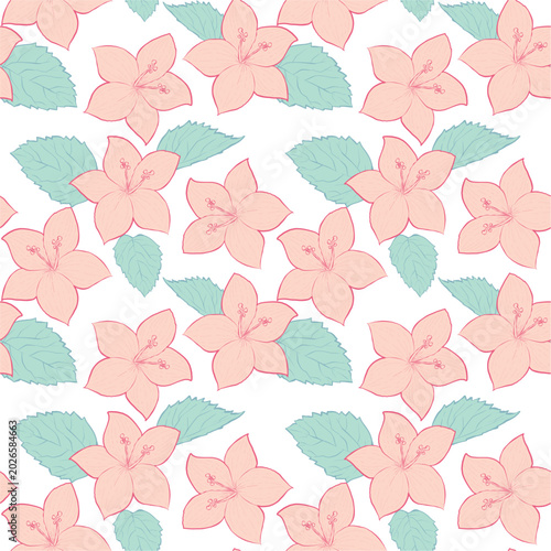 Cute seamless tropical pattern with pastel orange hibiscus flowers and mint leaves