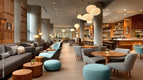 Elegant modern interior of a hotel lounge with stylish furniture and warm lighting in a welcoming atmosphere