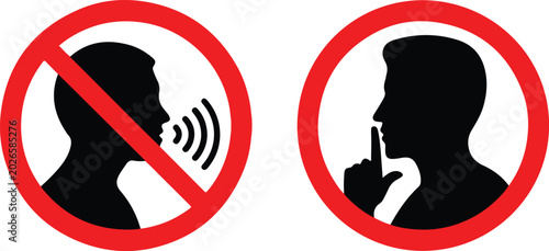 Silent please sign. Crossed person talking, Shhh icon in circle