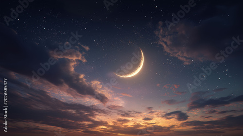 Crescent Moon Over Horizon: A celestial spectacle unfolds as a luminous crescent moon ascends above a dramatic sky, adorned with wispy clouds and scattered stars, hinting at the approaching night.