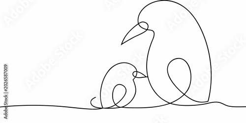 Canvas Print penguin family line drawing on white background