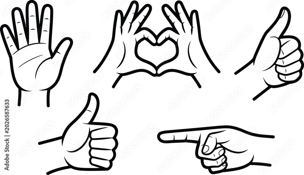 Fototapeta premium Assortment of hand gestures including open palm heart shape thumbs up pointing finger with line art body part thank you pointing communication illustration collection approval agreement