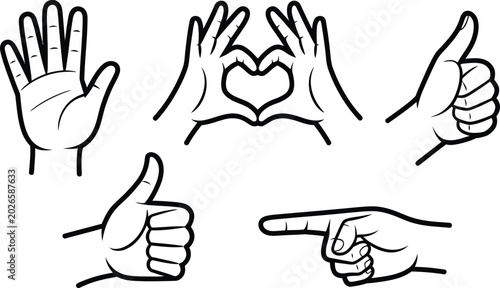 Assortment of hand gestures including open palm heart shape thumbs up pointing finger with line art body part thank you pointing communication illustration collection approval agreement