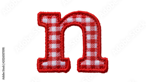 Obraz na plátně Red and white gingham fabric letter n patch, isolated on transparent background