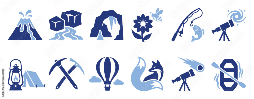 Fototapeta premium Set of outdoor adventure nature exploration icons featuring camping fishing rafting and astronomy