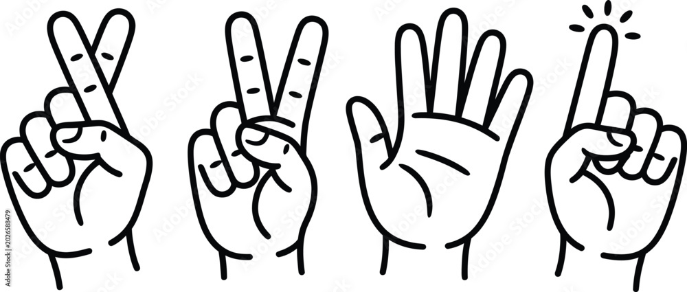 Fototapeta premium Line art illustration of four hands showing various finger gestures and numerical representations with black and white body part hand signal cross fingers gestures counting illustration