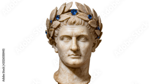 Slika na platnu Marble bust of Roman emperor with laurel wreath and blue gems, isolated on trans