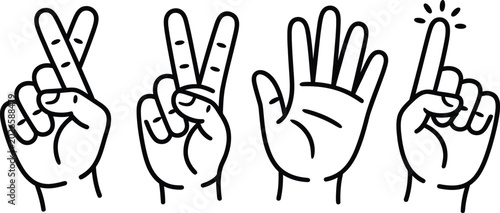 Line art illustration of four hands showing various finger gestures and numerical representations with black and white body part hand signal cross fingers gestures counting illustration