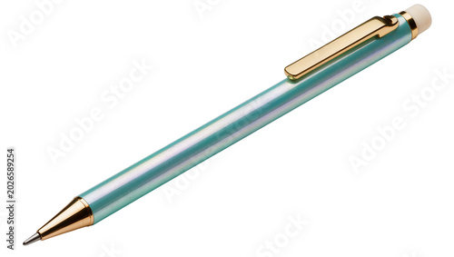 Tableau sur toile Turquoise mechanical pencil with gold clip and tip, isolated on transparent back