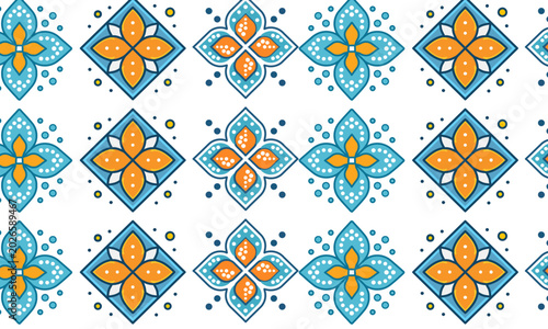 Vibrant geometric seamless pattern with blue orange diamond and quatrefoil tile floral ornament for Mediterranean packaging design