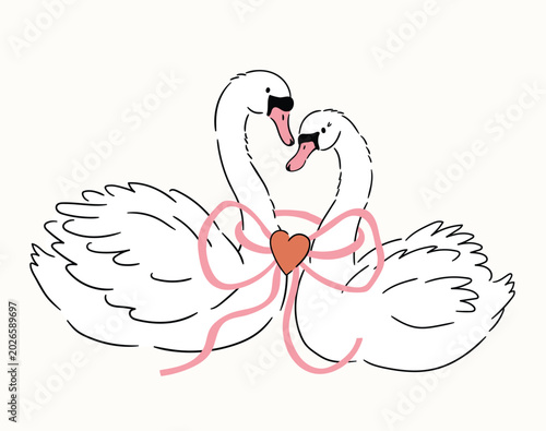 Fotografia Vector couple of white swans with pink bow Vector Preppy wedding card or invitation design