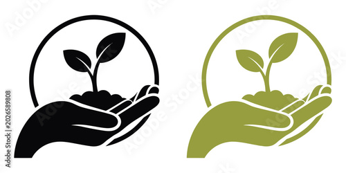 Foto Nature Greening Vector Logo Featuring Hand with Plant Seeds, Environmental Prote