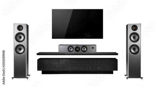 Foto Modern home theater system with flat screen TV soundbar and tower speakers, isol