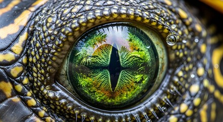 Macro Eye of a Reptile with Reflections and Water droplets
