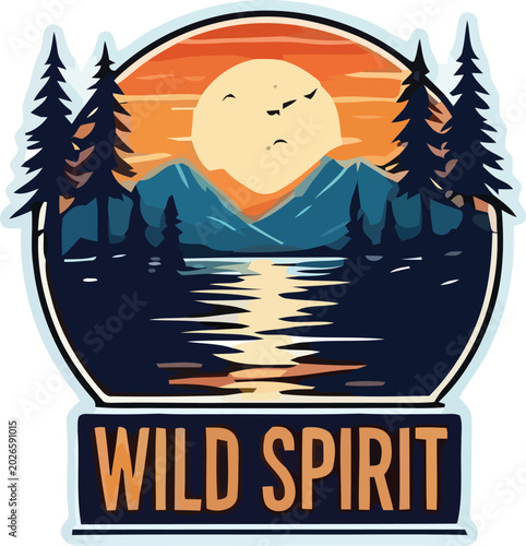 Wild spirit nature inspired logo with mountains and lake