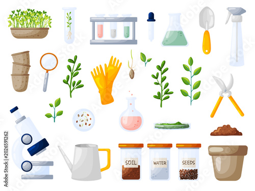Microgreens Science and Gardening Tools Clipart Set