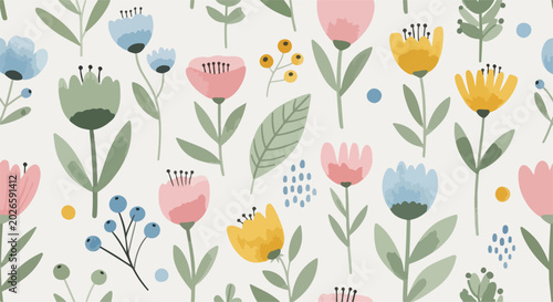 Colorful floral background pattern with blue yellow flowers