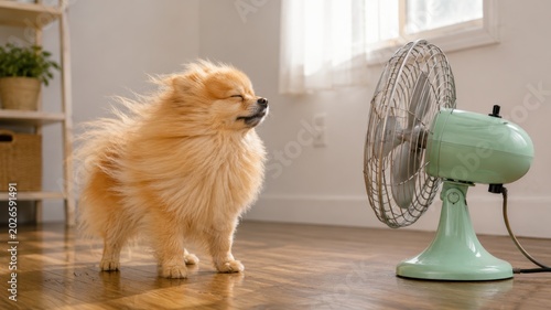Pomeranian Dog Cooling Off in Front of Fan. AI Generative.