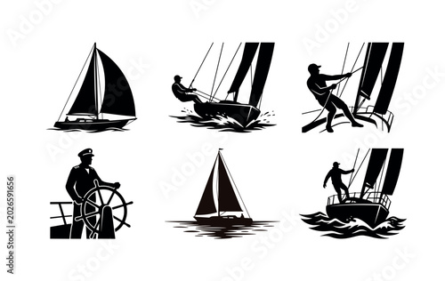 Sailing Silhouettes Set – Sailboat, Sailor Steering, Rope Pulling, Ocean Sailing & Yacht Racing Poses Vector