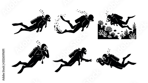 Scuba Diving Silhouettes Set – Underwater Swimming, Coral Reef, Diving Gear, Ocean Dive & Diver Poses Vector