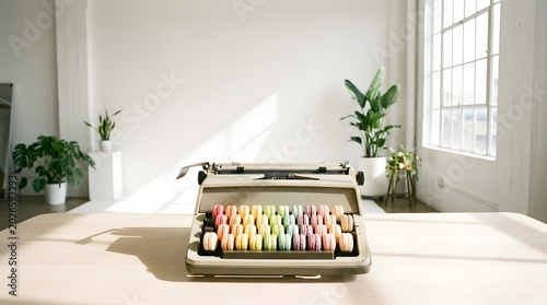 A vintage typewriter with colorful keys sits on a white table in a bright and airy room with plants on transparent background