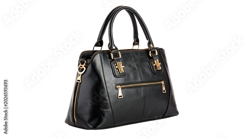 Tableau sur toile Elegant black leather women handbag or luxury purse with handles and metallic lo