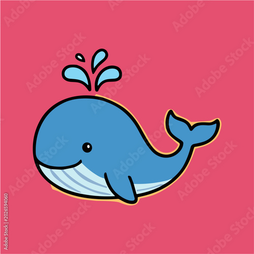 Fotografie Cute blue whale cartoon character spouting water vector illustration