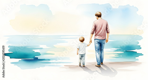 Father and son walking on beach watercolor illustration