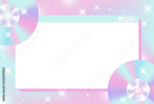 Pastel Cyber Y2K Party Vector Background with Pop-up Window Frame and Holographic CDs