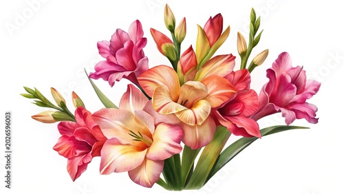Beautiful bouquet of pink and orange gladiolus flowers - Fresh gladiolus flowers in soft pink and warm orange hues arranged in a vibrant bouquet.