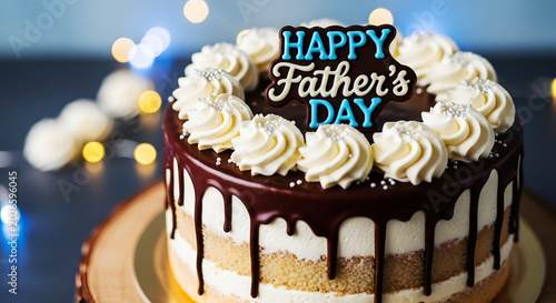 Chocolate drip cake with 'happy father's day' topper for celebration
