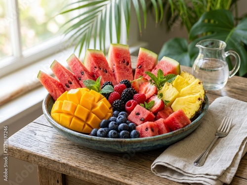 fruit salad in a glass bowl
