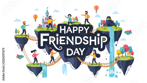 Cuadro en lienzo Happy Friendship Day: A whimsical illustration celebrating Friendship Day, depicting diverse people on floating islands connected by bridges, embodying connection and joy