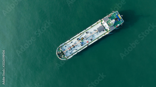 Drone shot of oil tanker vessel, energy and logistics concept.
