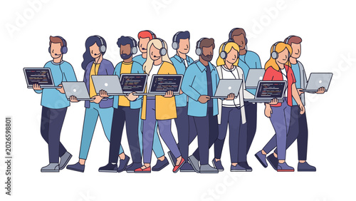 Bild auf Leinwand Tech Team in Sync: A vibrant illustration depicts a diverse group of individuals, all wearing headphones and engrossed in their laptops
