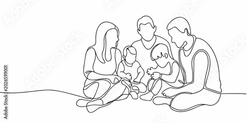 family with children line drawing on white background