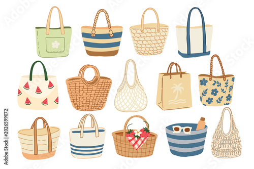 Bild auf Leinwand Vector collection of summer tote bags, hand drawn illustration of hand knitted bags, canvas bags, straw bags for your summer design