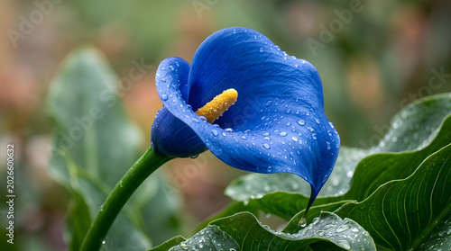 Blue calla lily with dewdrops close up floral photograph