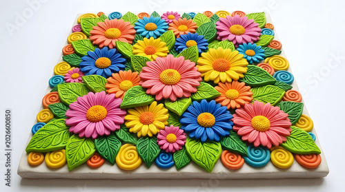 Colorful daisy flowers and leaves textured art on white background