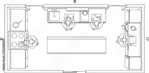 Architectural kitchen floor plan vector, top view interior layout with people cooking, professional restaurant kitchen design blueprint