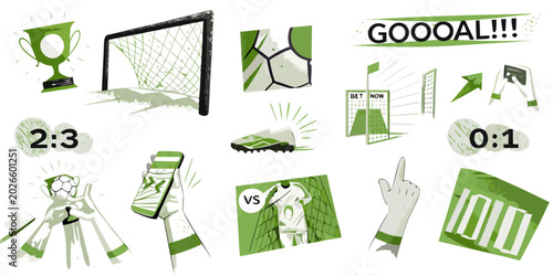 vector illustration collage of soccer icons and elements in green tones