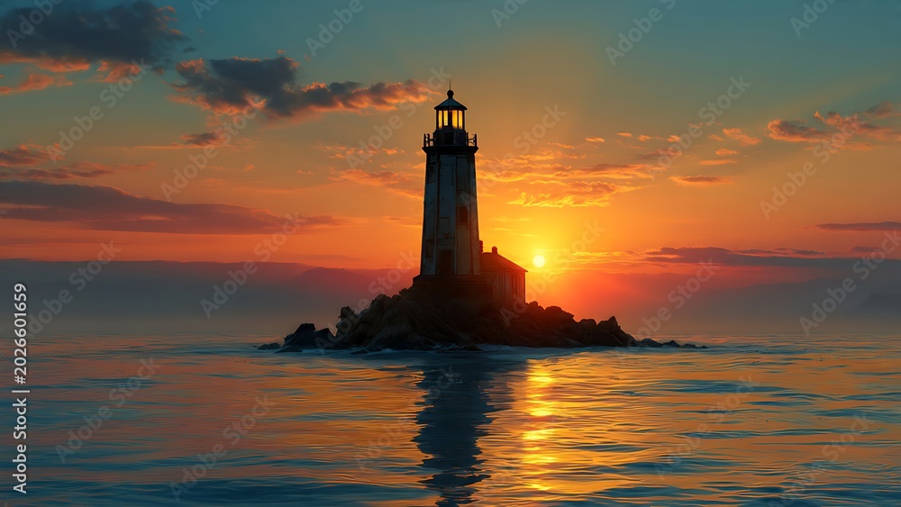 Fototapeta premium Lighthouse standing on rocky island sunset.