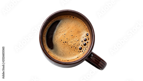 White ceramic cup filled with hot espresso coffee showing rich golden cream foam top on transparent background